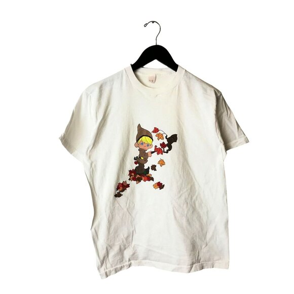 Vintage Autumn Elf T Shirt Fall Leaves Fruit of the Loom Graphic Tee USA White - Picture 2 of 14